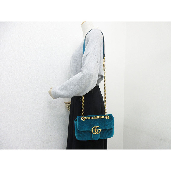 Gucci Chain Shoulder Marmont GG Velvet Bag Blue - Picture 9 of 10